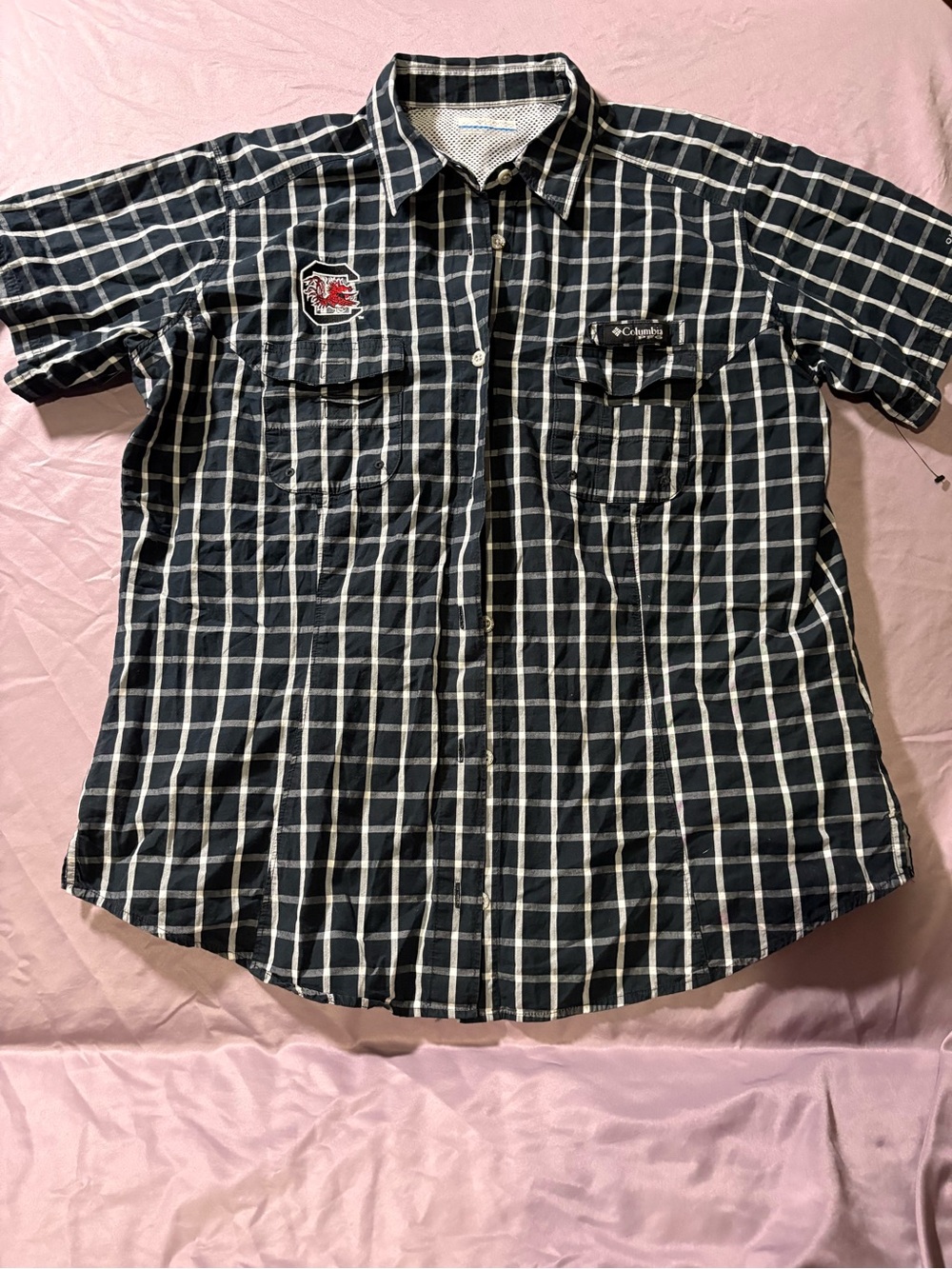Columbia Men’s Black & White Plaid Short-Sleeve Button-Down Shirt usc gamecocks